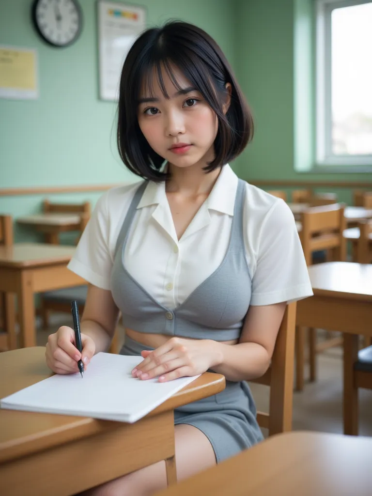 full body portrait。 angle from below 。Scenery 、Japanese High School Classroom。on the other hand、a high school student sitting at a desk。she is wearing a Japanese high school uniform。white plain shirt without buttons、plain gray pleated skirt、grey sports bra...