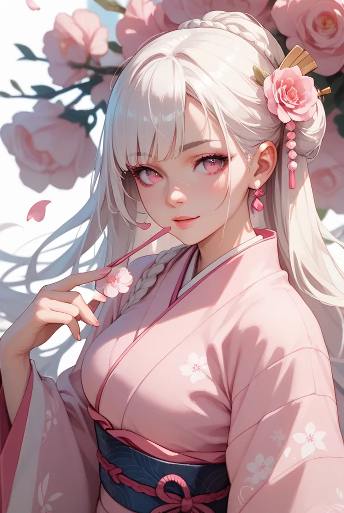 White long hair pink eyes white and pink kimono