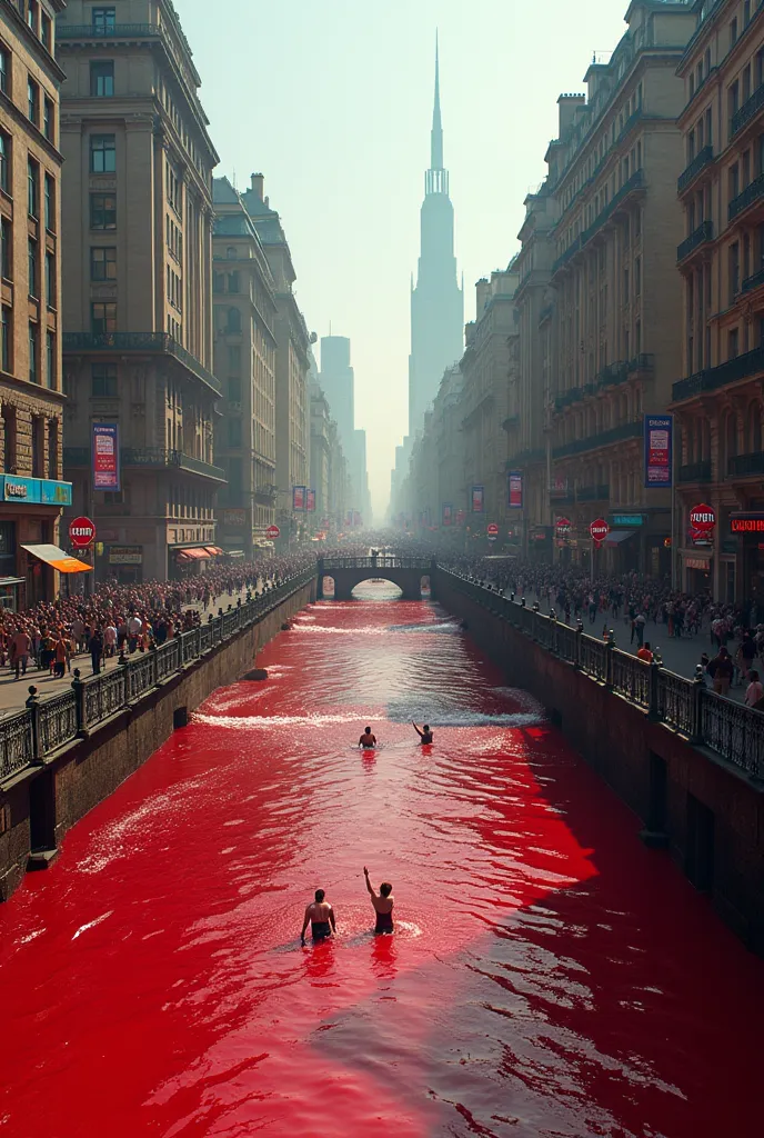 An urban landscape with a famous river (such as the Thames, Seine, or Amazon) completely turned into blood. Public fountains and household faucets pour out thick, red liquid. Crowds panic in the streets, clutching bottles of clean water as if they were pre...