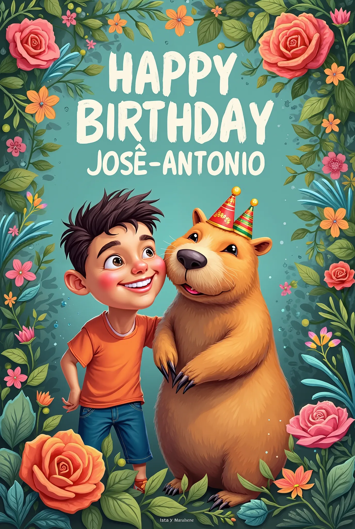 A happy birthday poster :happy birthday José Antonio with a pet capybara