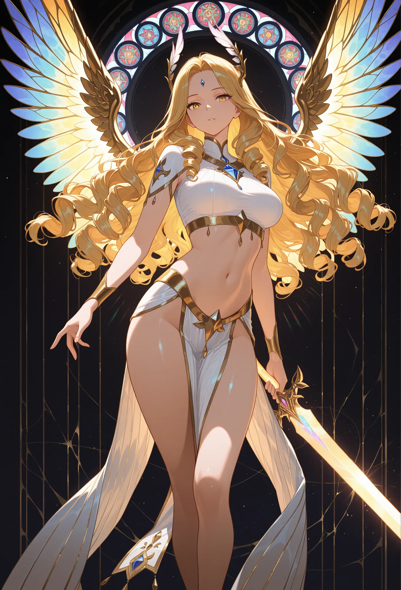 abstract background, colorful, light reflection,
a powerful angel spreads her wings exultant against the shimmering void, holding a shining sword, beautiful woman, flawless body, stained glass wings, dark background, 1girl, solo, long golden hair, curly ha...