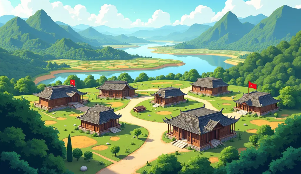 A 3D landscape of ancient Văn Lang Vietnam, featuring wooden houses with slanted roofs, colorful five-colored flags, fields, rivers, lakes, mountains, and forests. The scene is viewed from above with bright colors and simple details, in a 3D style.