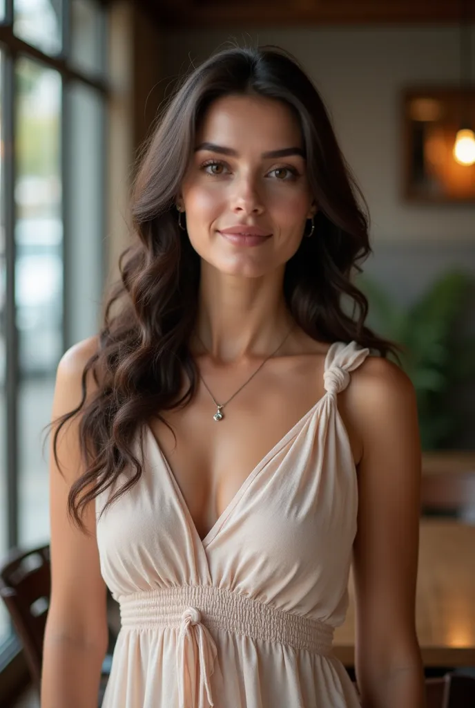 Photo courtesy, taken in natural light, The daily life of a Turkish or Turkish woman as an influencer is staged on astrology in a modern cafe environment.  woman, light makeup, with dark natural wavy or straight hair, Summer dress on top of Instagram influ...