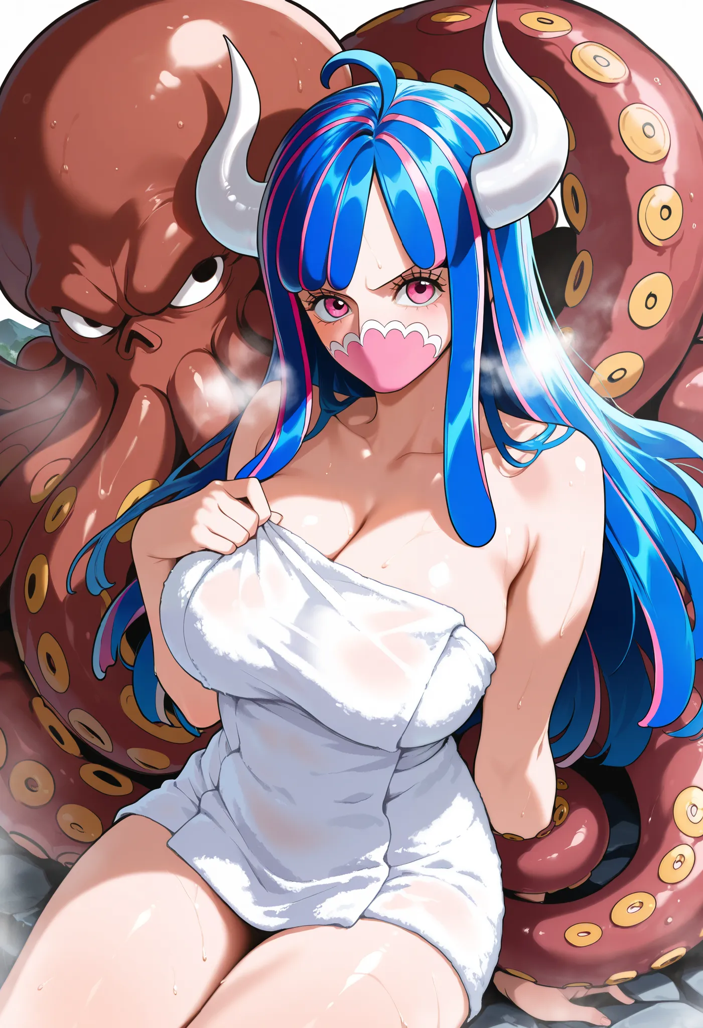 masterpiece, best quality, amazing quality, 1girl, (Ulti, one piece, pink eyes, blue hair, no mouth, white horn), white towel, very happy smile, medium shot, simple background, medium size boobs , golden ratio face, lesbian, sexy pose,  breathing effect, b...