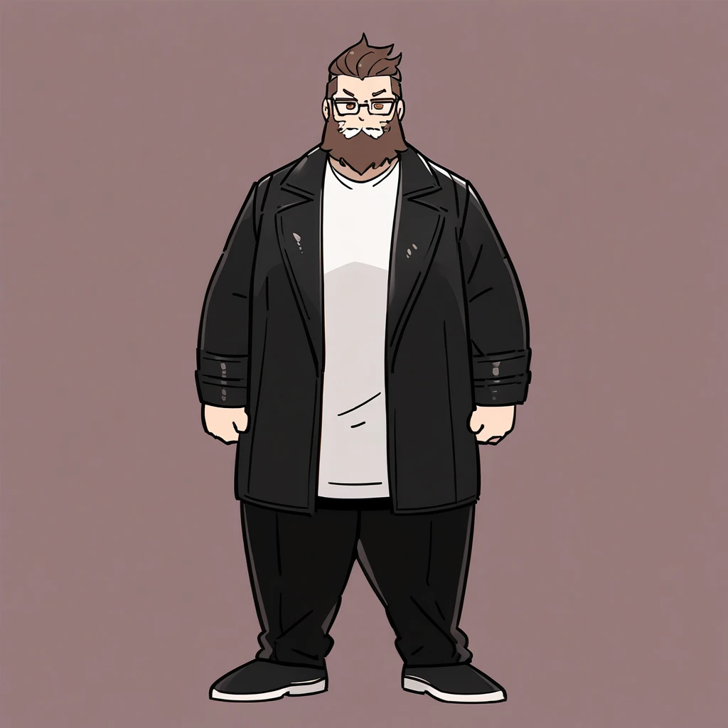 A white male of 1,70 m is slightly overweight with medium brown hair and has a beard and wears glasses and has brown eyes 
Your clothes: a white shirt with a leather overcoat and black sweatpants. 