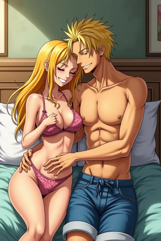 Make Nami and Sanji from One Piece anime in one bed and naked 
 Sanji shag Nami