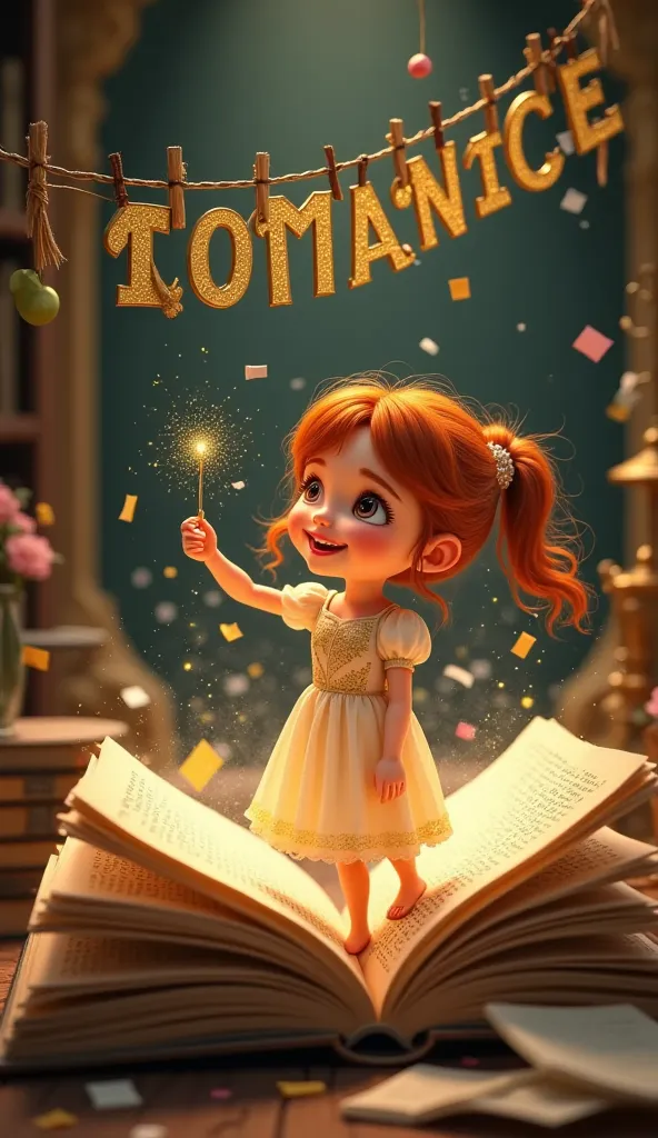 A captivating fantasy illustration: In the center of the scene, A miniature of a young red-haired woman with a radiant smile is on the open pages of an old book, your dress revolving around her, while your hands cleverly fasten gold letters to a clotheslin...