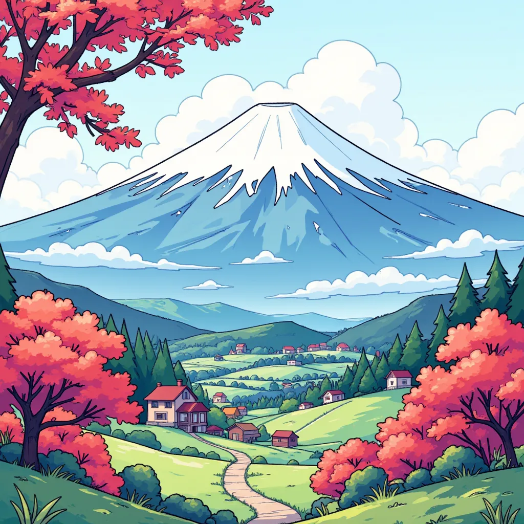  Mount Fuji、Each part isn't too complicated 、 Each part is large and easy to understand pattern、Clear Colours 、A clear pattern、Thick Line、 hand-drawn illustration、Simple lines、A clear line、2D illustration、背景もClear Colours をしている。絵柄はA clear lineで描かれていて、Touch...