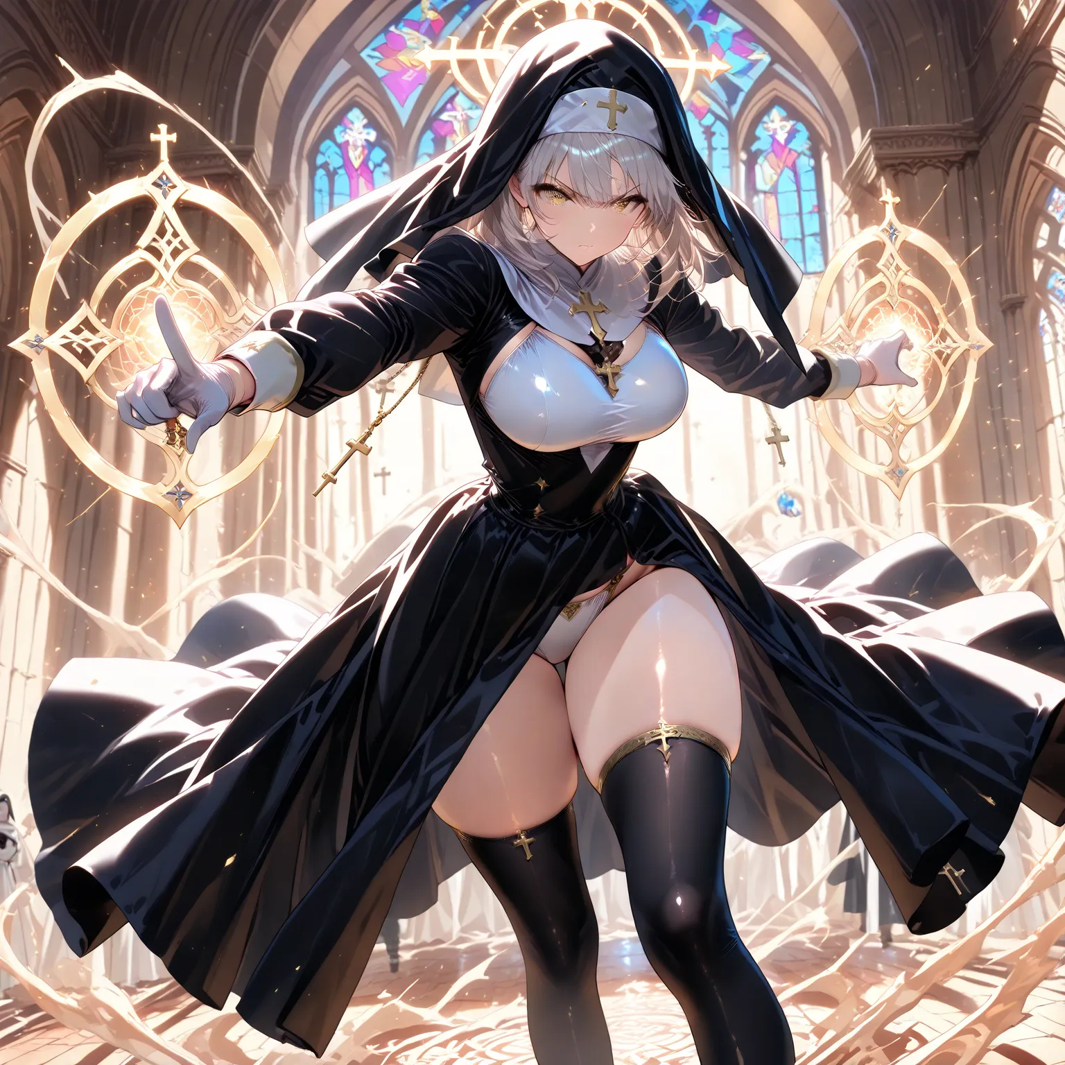 masterpiece, (((( best quality )))),action,shiny skin, detailed face,, black stockings,black long skirt,nun,white gloves,,bigger breasts in bikinis,thick legs,magic, sacred, Fantastic,,xss