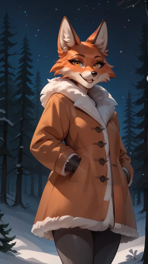 looks at the viewer, Night, Pine forest, winter, shaggy character, girl, anthropomorphic fox, orange fur, fur coat,