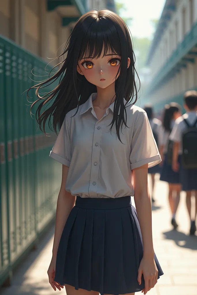 A girl with black hair and dark brown eyes in a school uniform 