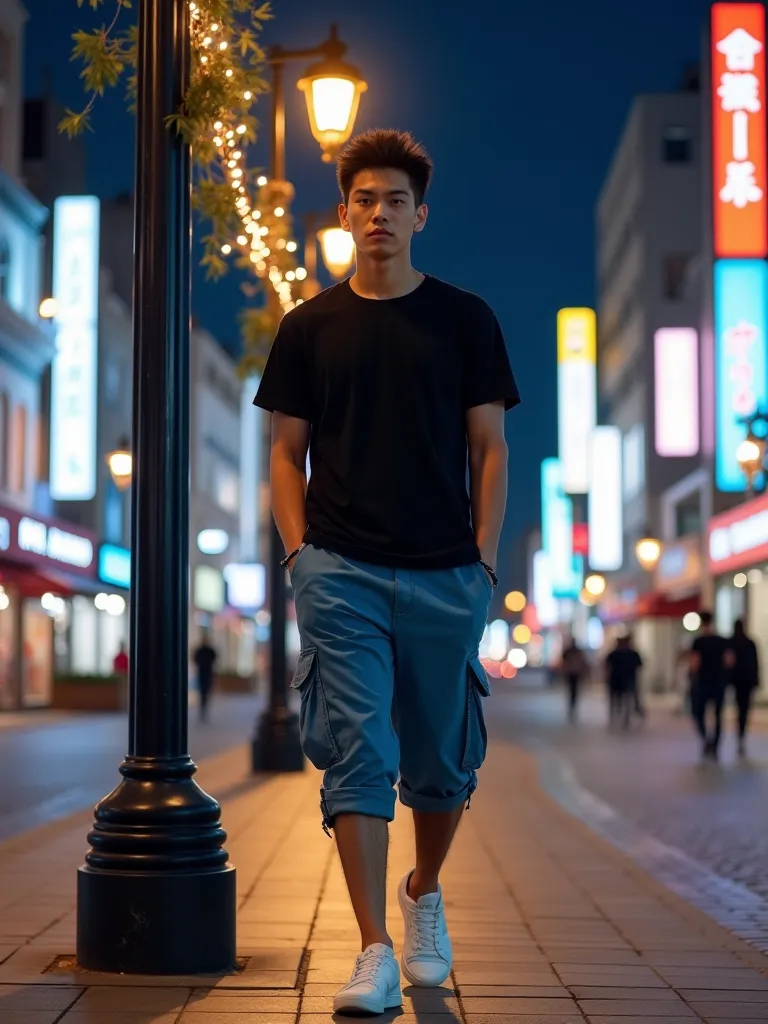 Professional photo shows a handsome man with short spiky hair looking dapper looking 20 year old Asian wearing a black t-shirt  bergambar cartoon sasuke wearing short blue cargo pants and white sneakers, is posing walking near a street pole in the middle o...