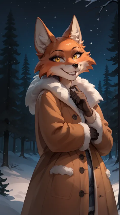 looks at the viewer, Night, Pine forest, winter, shaggy character, girl, anthropomorphic fox, Yellow eyes, orange fur, fur coat, malice, sly smile