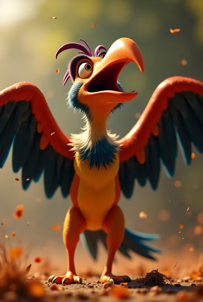 Terror (Zazu - The Lion King): "Zazu flying desperately, feathers ruffled and eyes wide, looking totally scared. 3D Disney Pixar.