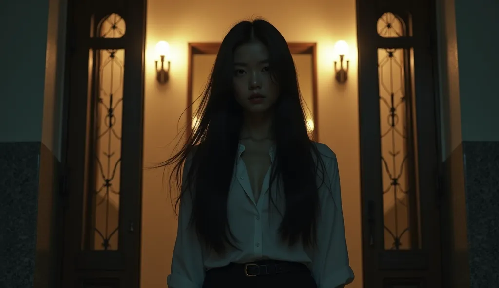 Full shot, Front view,.A young Japanese woman, long black hair, from the front, entering an apartment building at night.. Cinematic. Dramatic lighting