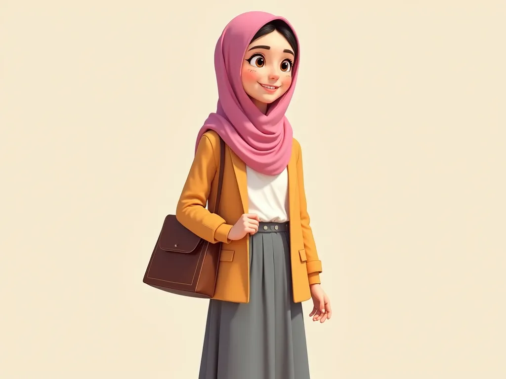 . The picture shows a young teacher wearing a hijab in a cute cartoon design. The teacher wears a pink hijab carefully wrapped around her head, with a warm smile and friendly features.

. Her clothes are elegant and modest. She wears:
👚 A simple white shir...