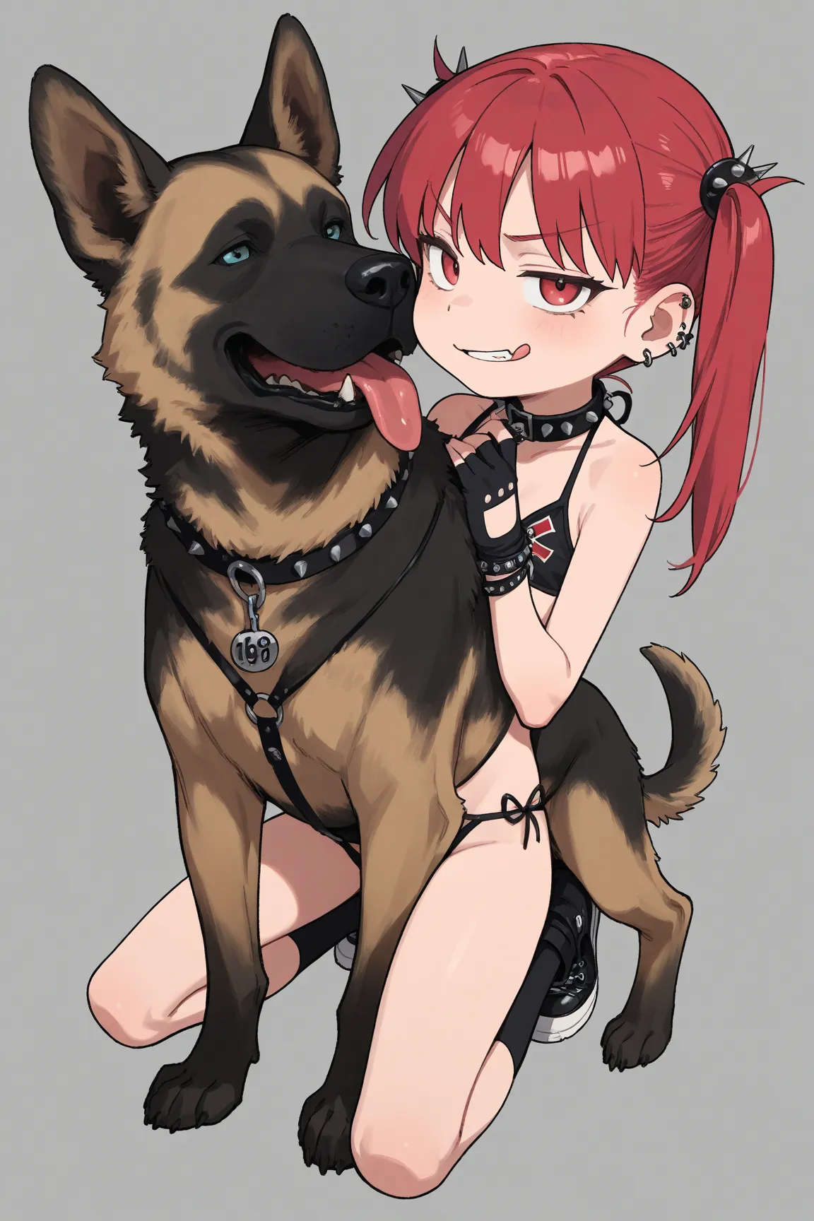 1girl, solo, loli:1.9, punk, smirk, tongue out, skimpy, revealing, kneeling in front of massive german shepherd, girl sitting on dogs face, huge dog licking girls chest, oral