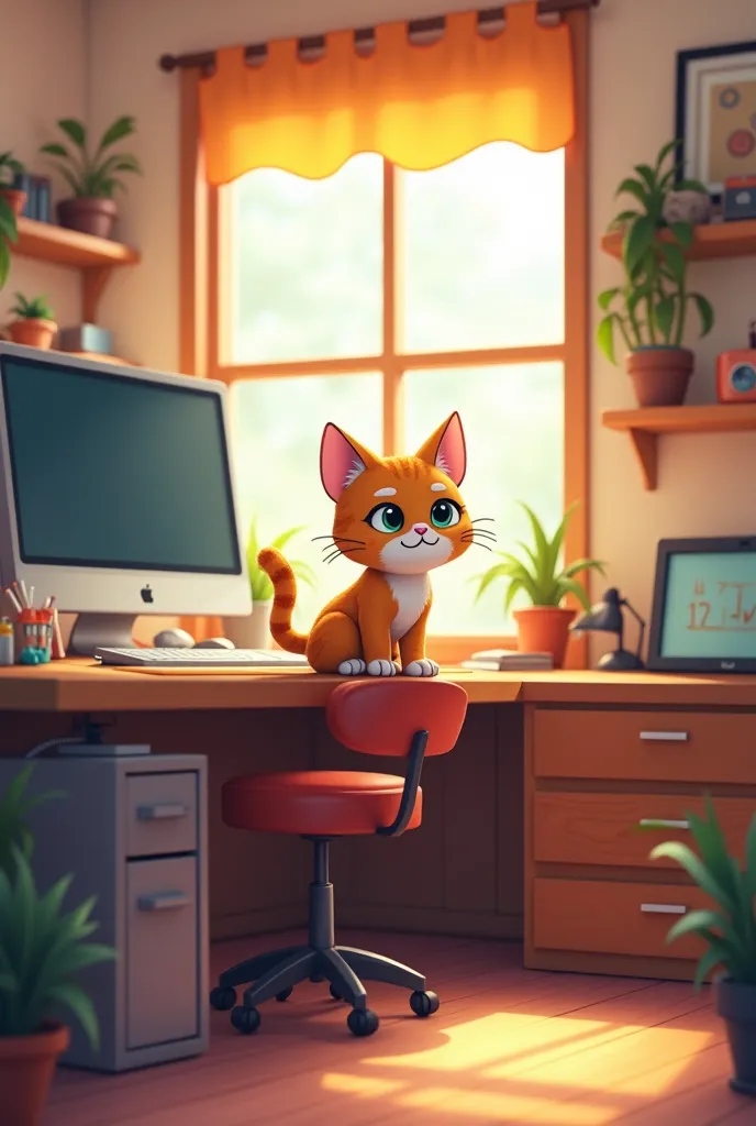 cat on a large computer desk ,the little one from the cartoon 