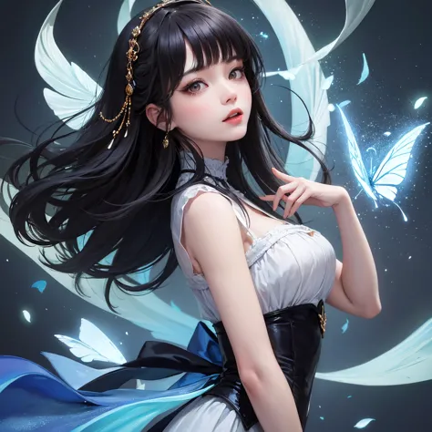 Asian woman has long, straight black hair and green eyes, wearing an antique black Victorian civil war hoop dress. The background is dark. Small glowing blue butterflies are flying around her—on her right shoulder, beside her left head, and near her right ...