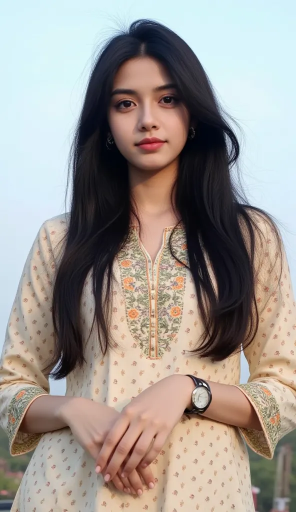 cute beauty 18 year old girl,she  with long black hair,she wearing a Indian full kurti  . She has inviting expression on her face, Her eyes are bright and her lips are slightly, She is standing  background  sky  hands are clasped in front of her and her po...