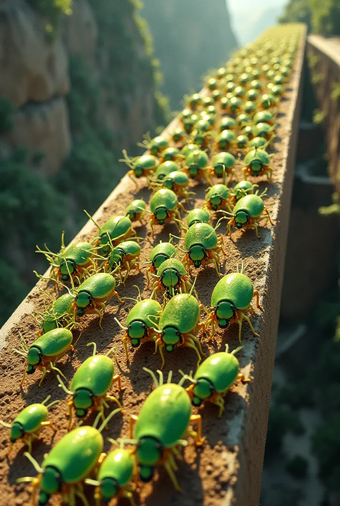 A group of green bugs and yellow bugs seen from high up on the road