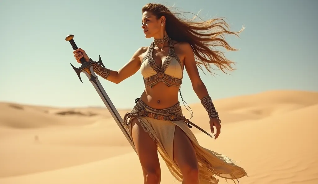 hot looking big bust size 15.    Desert Warrior: A striking woman in a tattered, sand-colored combat outfit, adorned with intricate tribal patterns. Her long, flowing hair catches the wind as she wields a curved sword, standing atop a sand dune.