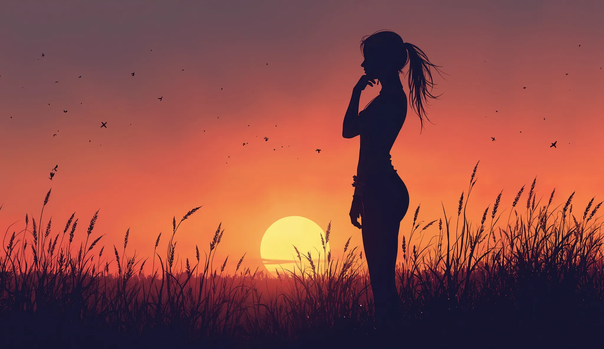 A digital illustration of a woman with a sharply defined silhouette, standing sideways in a contemplative pose with one hand on her cheek, in a field of tall grass at sunset, with a gradient of amber to deep violet in the sky. The surrounding grass glows i...