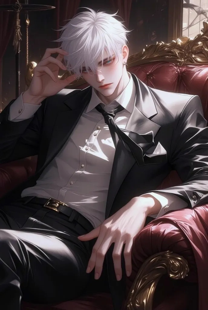 1 man, solo. Short hair. White hair. Hair over one eye. ice blue eyes (Eyes are like crystals, brilliant eyes, shiny eye). tall. Muscular. Wearing black suit. Very handsome oval face. Well built body. Tall. Handsome. Prince. Very handsome. Look over. Charm...