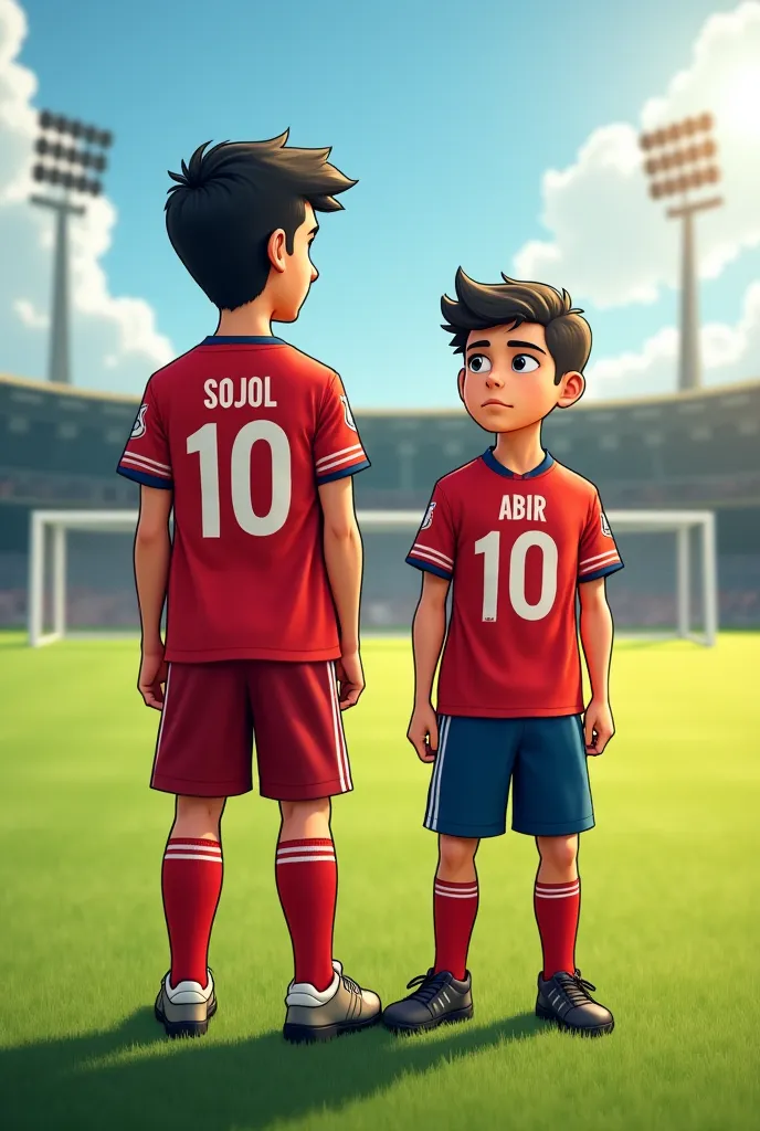 2 boys stand at football field. The boys name Sojol and Abir and Sojol jersy Name Iks freestyle hacker  and Abir jersy number 10.
Sojol is big and Abir is small