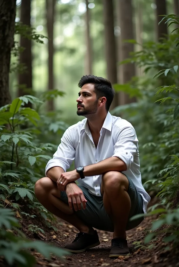 "A bellied man, and white shirt, crouching in the middle of a rainforest.  He has a relaxed expression ,  And looking at the horizon. The setting has dense trees and tall shrubs,  crossing the leaves.  The atmosphere is tranquil , 