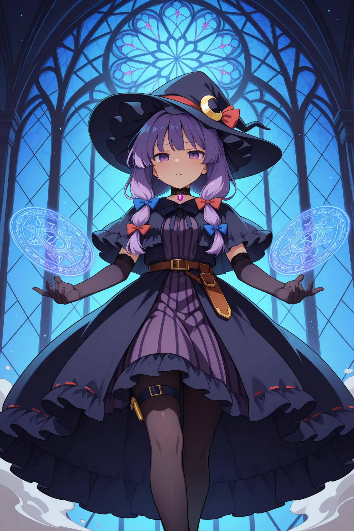 [core character]  
 1girl , Patchouli Knowledge (Touhou Project), purple twintail hair with blue ribbons, witch hat tilted,  
[ Costume Details ]  
gothic lolita dress (lavender & navy blue color scheme),  
**thick black tights** covering entire legs, ****...