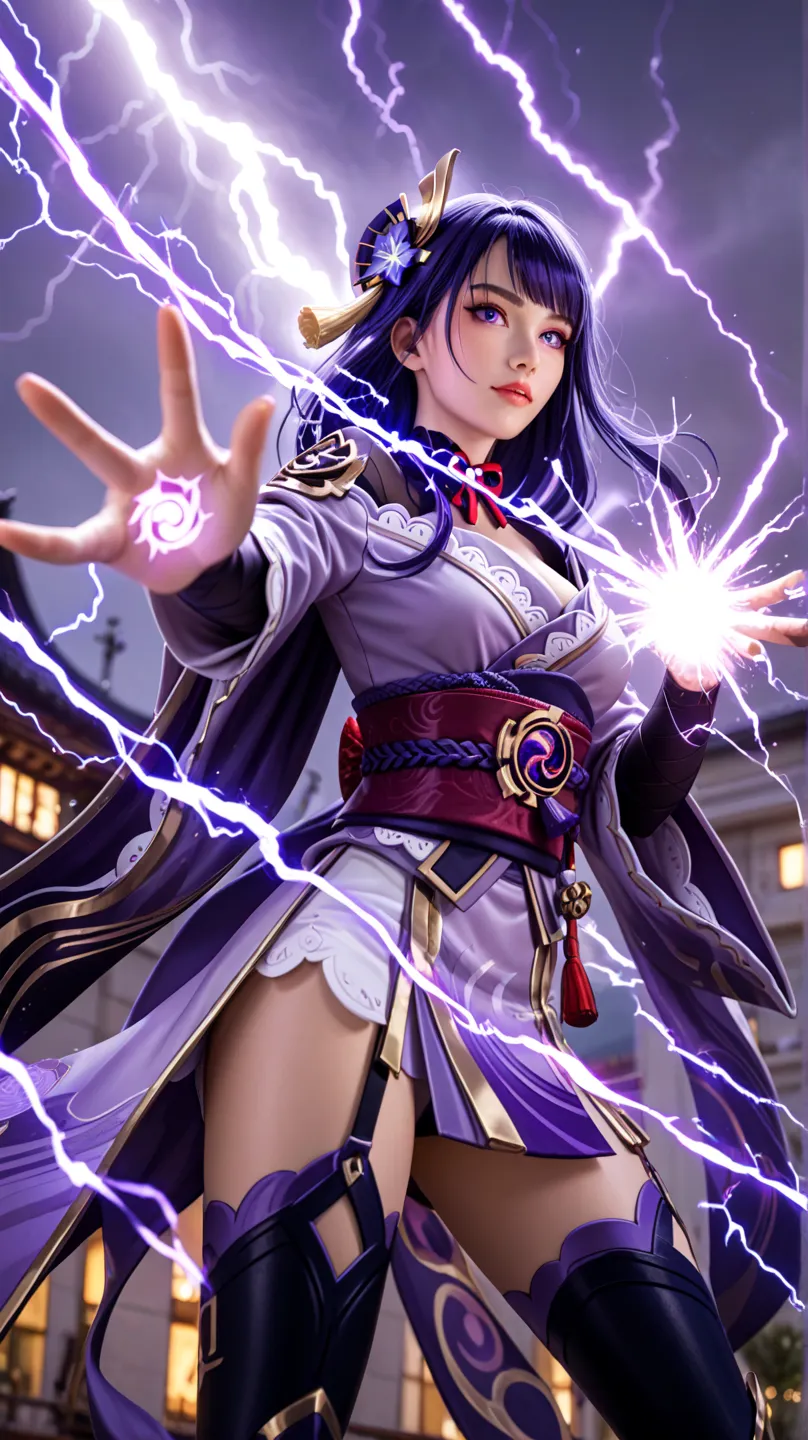 Raiden Shogun from Genshin Impact standing in a commanding pose, surrounded by massive, glowing ethereal hands emerging from her back. The spectral hands are adorned with intricate, arcane symbols, radiating purple energy and lightning. Each hand is positi...