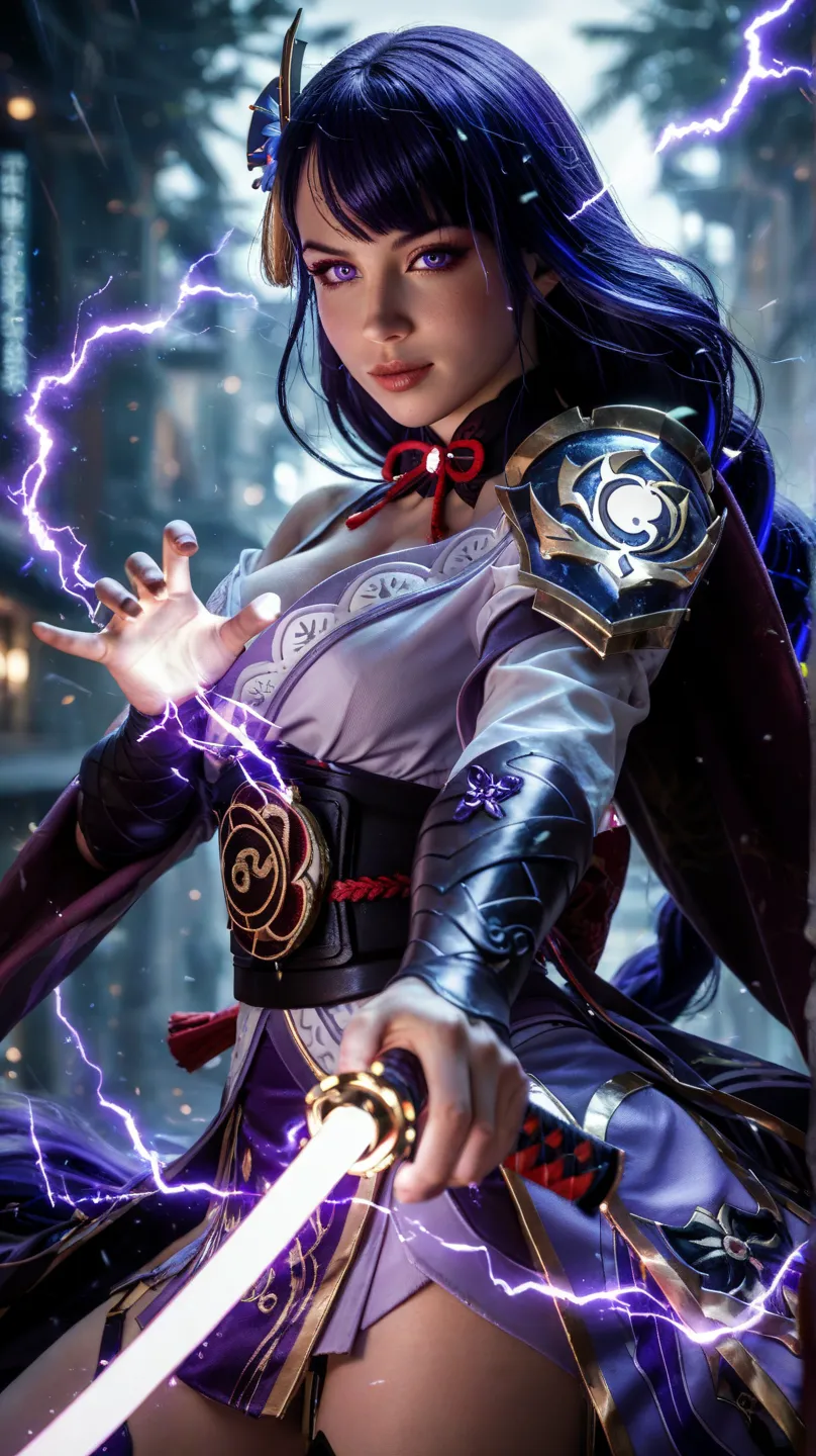 Raiden Shogun from Genshin Impact standing in a commanding pose, surrounded by massive, glowing ethereal hands emerging from her back. The spectral hands are adorned with intricate, arcane symbols, radiating purple energy and lightning. Each hand is positi...