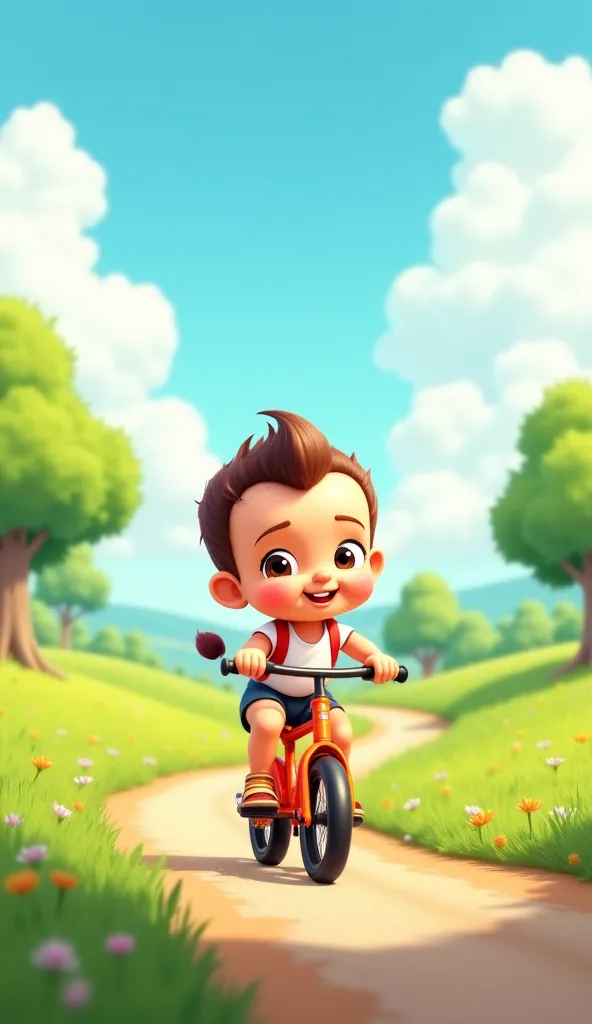 An cute baby riding a cycle on a country road. the cute baby is balanced, perfectly on the cycle, looking determined with its tail swaying breeze. the background shows a peaceful countryside with green fields, trees, and a bright blue sky with a few clouds