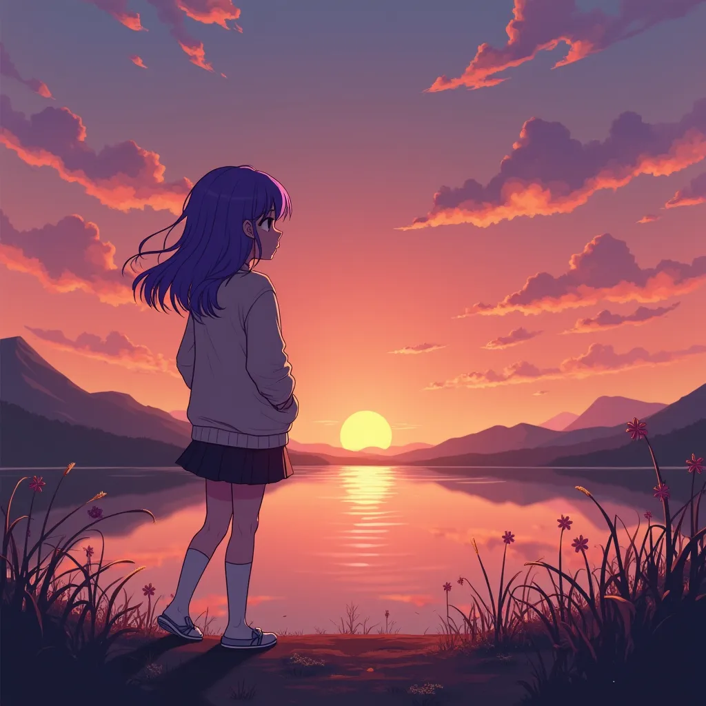 A cute girl with purple hair watching the sunset