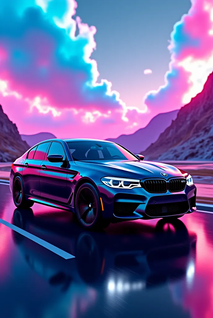 Create a hyper-realistic, high-detail photo of a sleek **BMW M5** in **glossy black**, positioned as the focal point. The car's surface should reflect a **vivid, multicolored background** bursting with dynamic gradients (e.g., electric blue, neon pink, and...