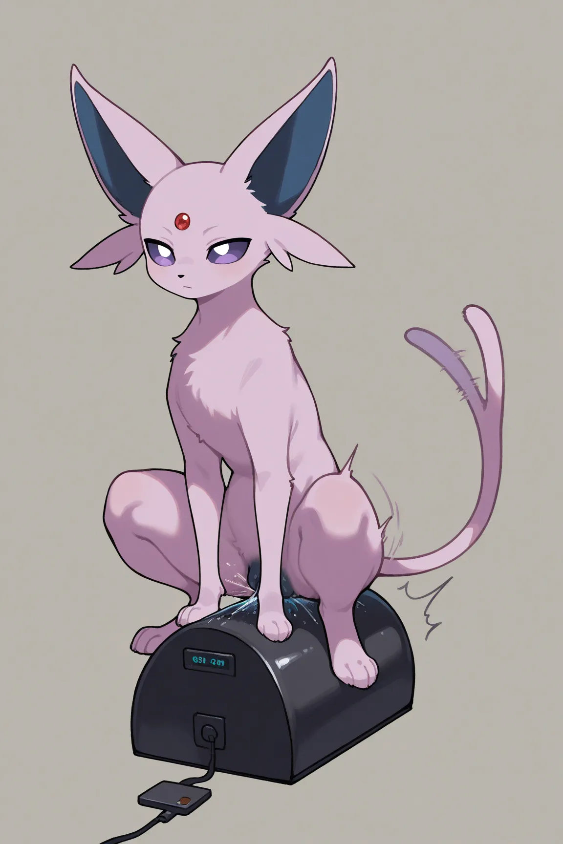 Female espeon, feral, slim young puppy, expressionless, squatting on sybian, canine pussy, dark genitals, vibration, motion blur, squirting pussy, tail twitch, hips quivering, cutaway showing soaked canine pussy 