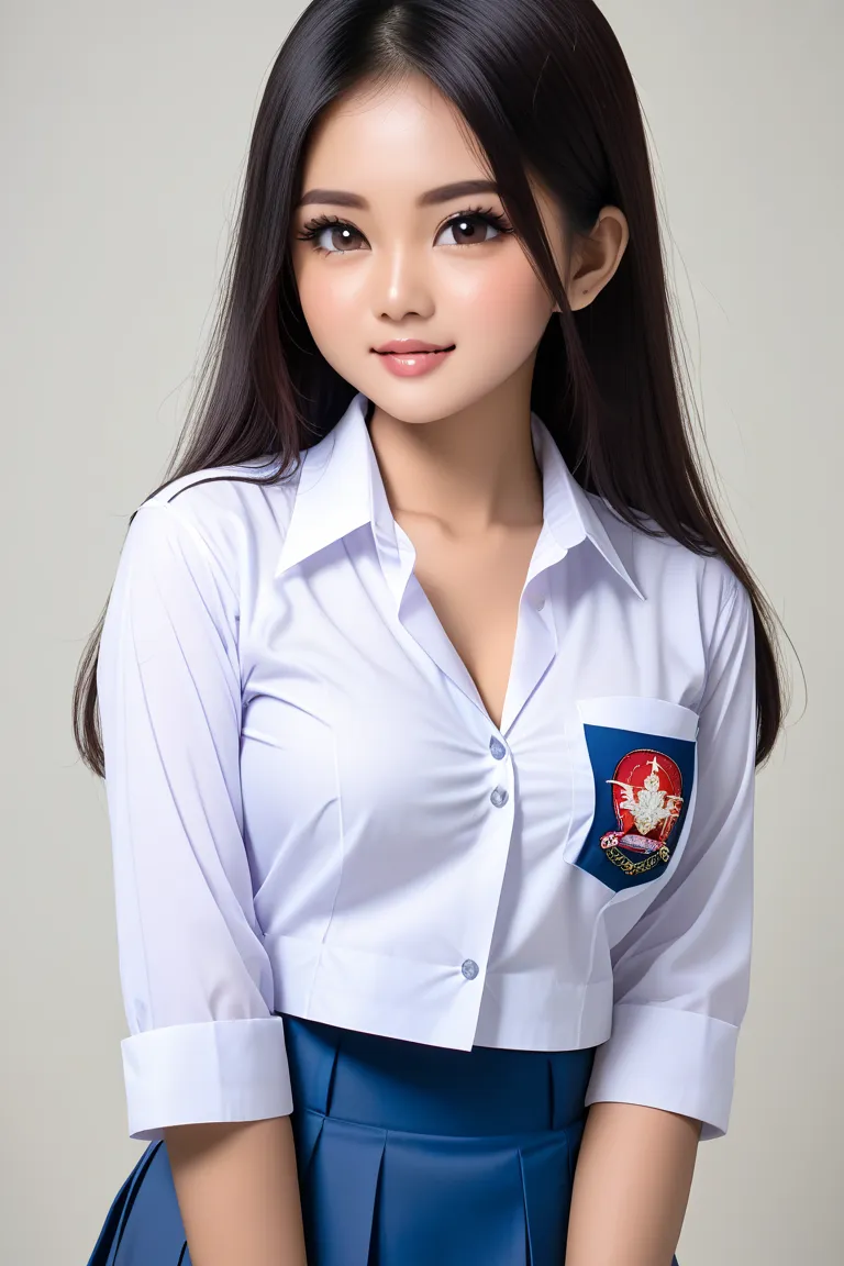 Beautiful indonesian girls wear (junior high school uniform) white blue, cropped uniform, open shirt,  cleavage , puting. 