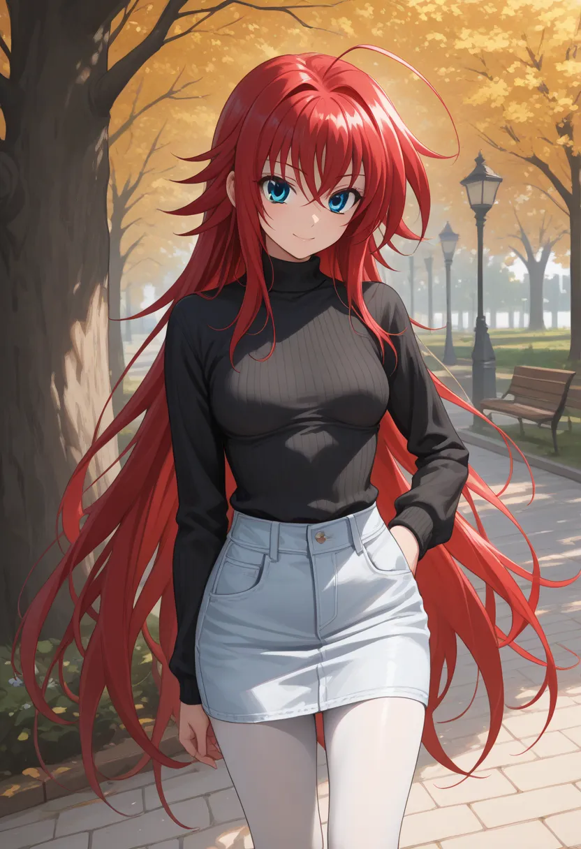 masterpiece, best quality, incredible quality

((dxdrigr)), (riasgremory), 1 girl, long crimson red hair, blue eyes, black sweater, white denim skirt, tight black leggings, slight smile, Venusbody style, (Rias Gremory), park background, high boots, small b...