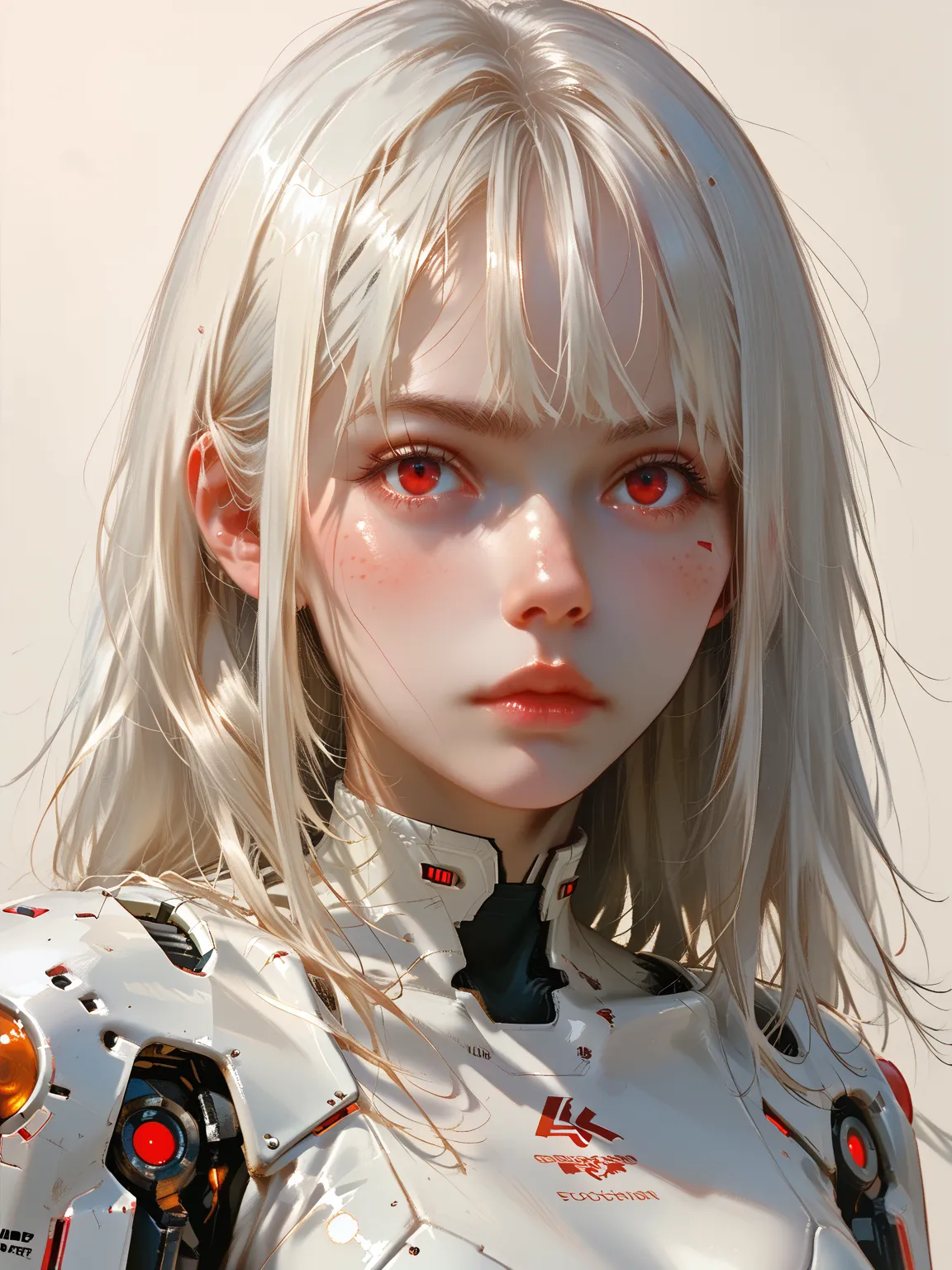 portrait, cowboy shot, up to the waist, engineering drawing, thin line pen drawing, detailed anime-style picture of a cyborg girl with long straight hair, she has white hair and red eyes, wearing a power armour, surrounded by intricate mechanical component...