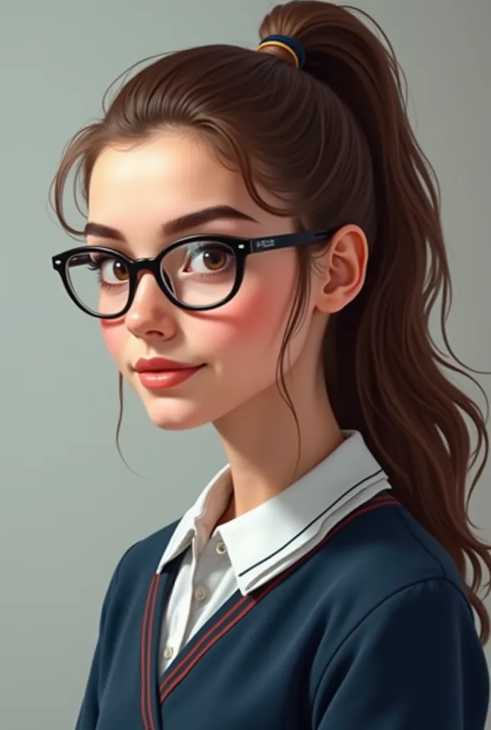 Habiba Tamer is a Handsome Young Girl with brown hair styled in a ponytail and brown eyes and fair clean skin and handsome face and well endowed body she wears glasses she wears the school uniform of Port Said Language School and her height 199 cm tall and...