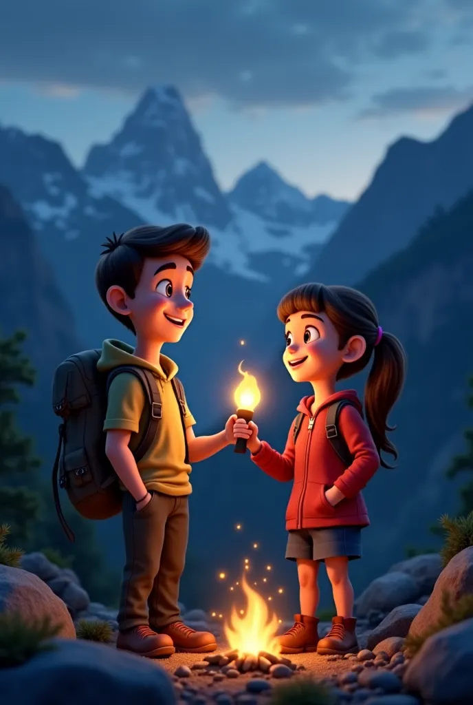 Create an image where a camper arrives and gives a flashlight to Sarah and Jonh they are both smiling with the camper and the photo you generate is not so animated a little more realistic and remember that they are in the mountains 