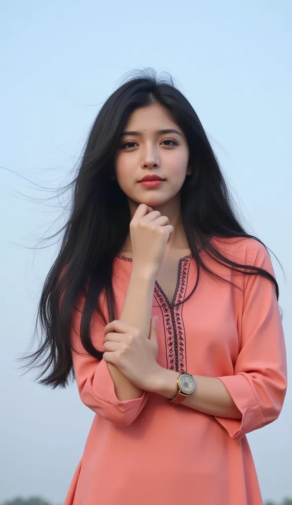 cute beauty 18 year old girl,she  with long black hair,she wearing a Indian tops & tunics . She has inviting expression on her face, Her eyes are bright and her lips are slightly, She is standing  background  sky  hands are clasped in front of her and her ...