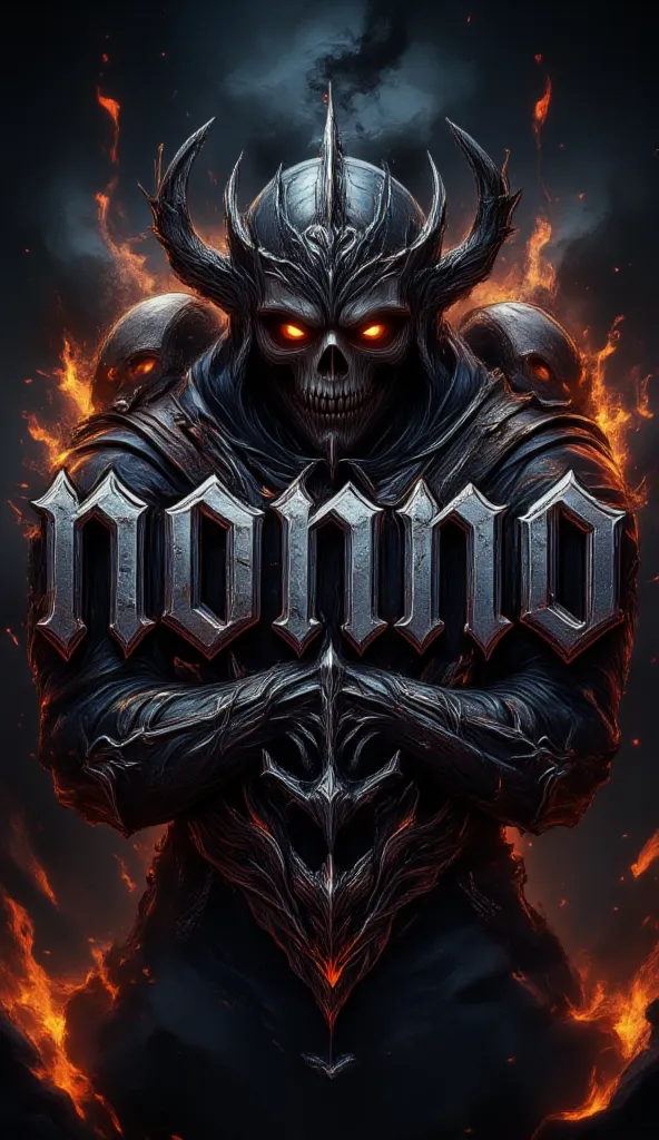 Super detailed image of logo, "NONNO" text, rock style, metal skull details, dark background, firepower, HD