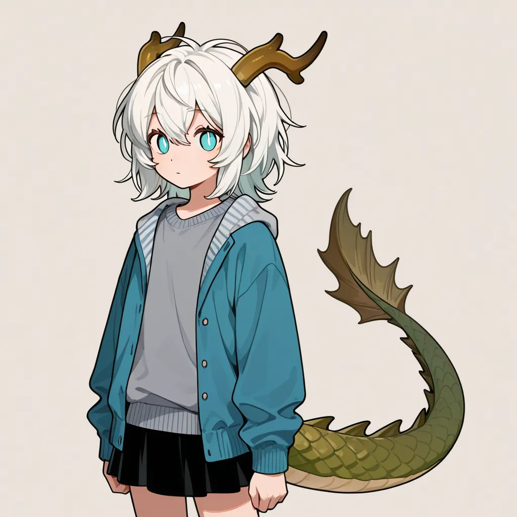 chica,white hair,turquoise eyes,brown dragon horns,black skirt, pantimedias,Grey sweater,blue short jacket ,green dragon tail,thin body pupils,small chest, background
