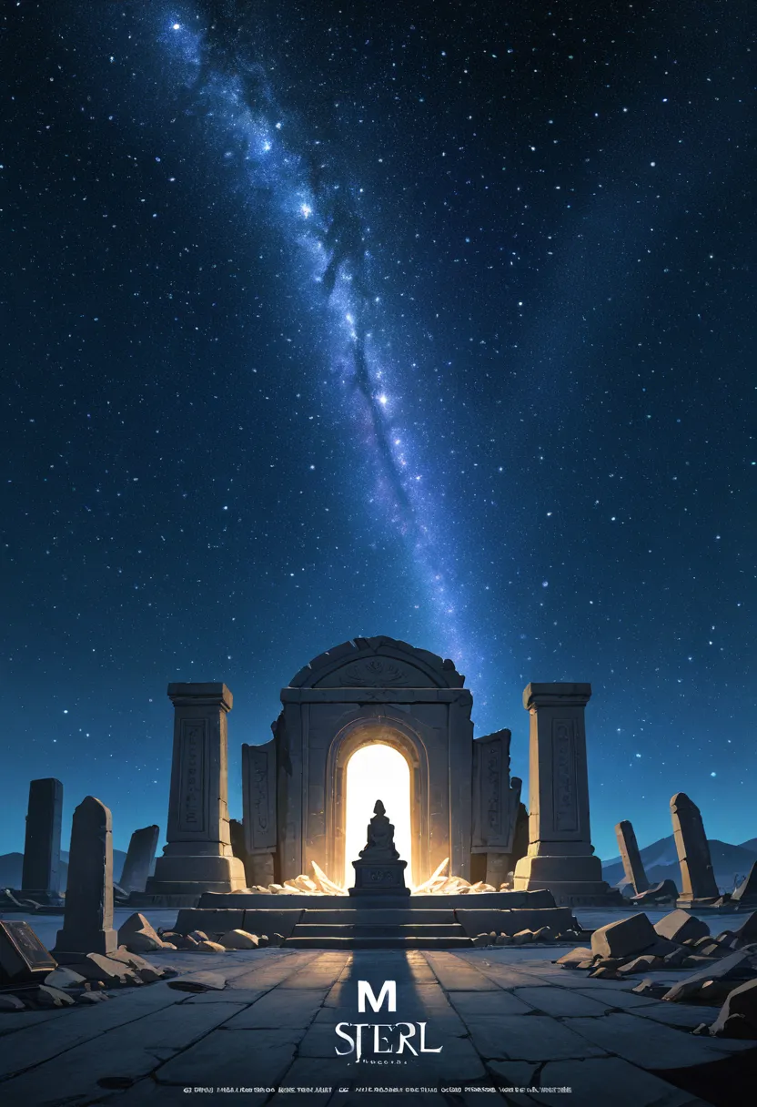 movie poster, highres, top quality, best quality, paid reward available, unparalleled masterpiece, perfect artwork, absurdres, High-quality illustrations, super high resolution, detailed background, perfect anatomy, moonlight, ancient ruins, huge stone mon...