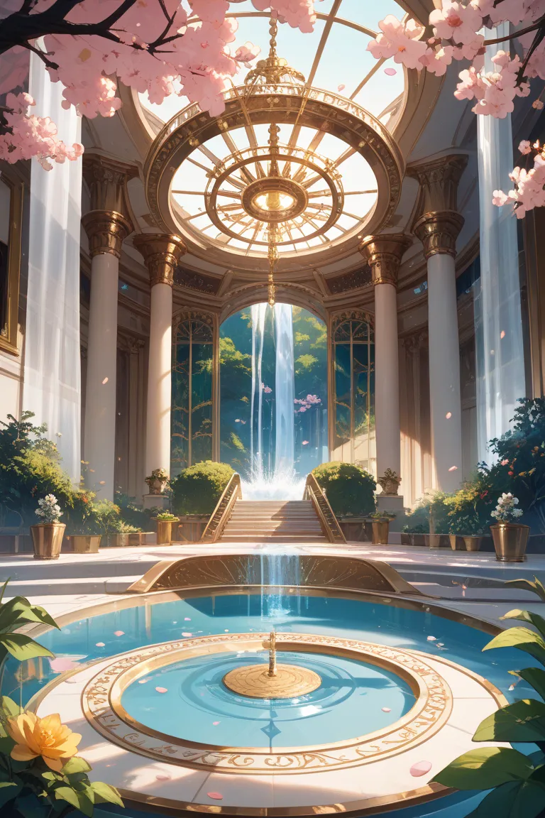 “A luxurious fantasy scene with a golden circular gateway framing a breathtaking waterfall and lush greenery. Pink cherry blossoms bloom around the entrance, and soft petals float in the air. A serene reflective pool extends from the gateway, mirroring the...