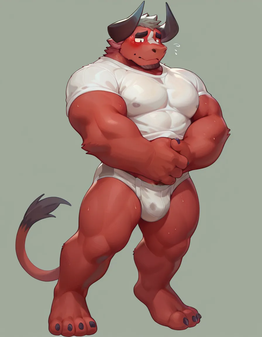 masterpiece, best quality, amazing quality , safe_pos, furry male, bara, darius, tail, dark-skinned male , Shy face , blush , Bursting white shirts , dirty white briefs , full body ,