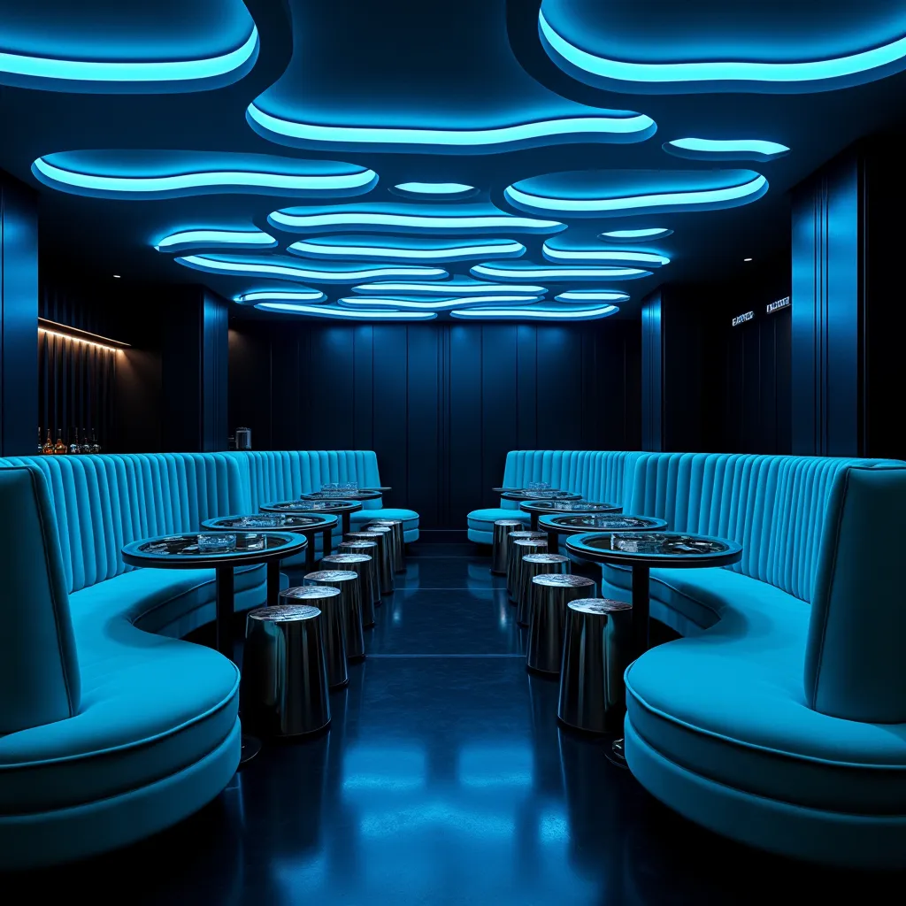 Realistic photo, best quality, no humans, A futuristic lounge combining deep black with electric neon blues, where undulating LED light patterns on the ceiling create an ethereal glow. The space features sleek black walls and reflective flooring, adding so...