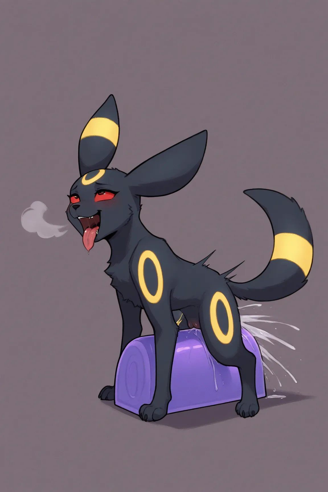 Female umbreon, feral, slim young puppy, expre, tongue out, squatting on sybian, canine pussy, dark genitals, vibration, motion blur, squirting pussy, crazed ahegao expression 